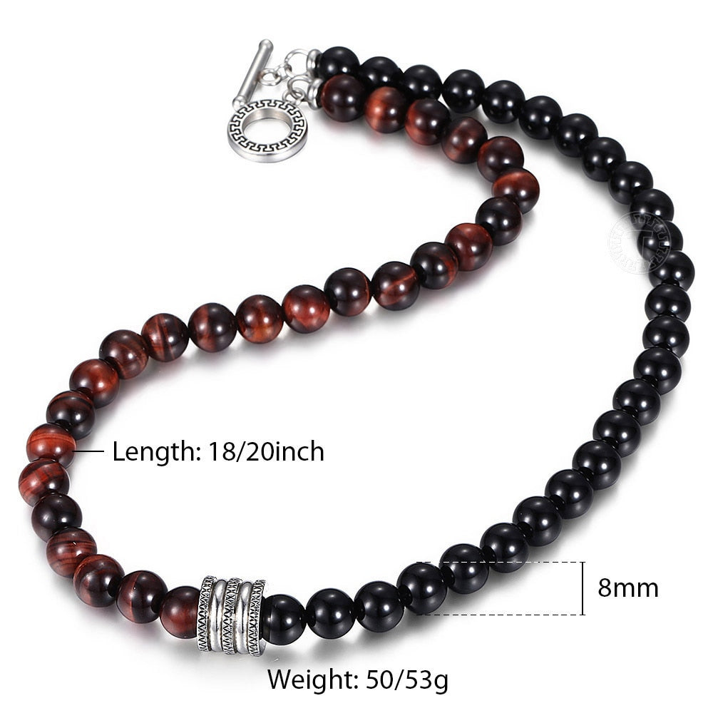 8mm Natural Stone Tiger Eyes Lava Bead Necklace Stainless Steel Beaded Charm Choker Neck Chain Fashion Male Jewelry 18/20inch
