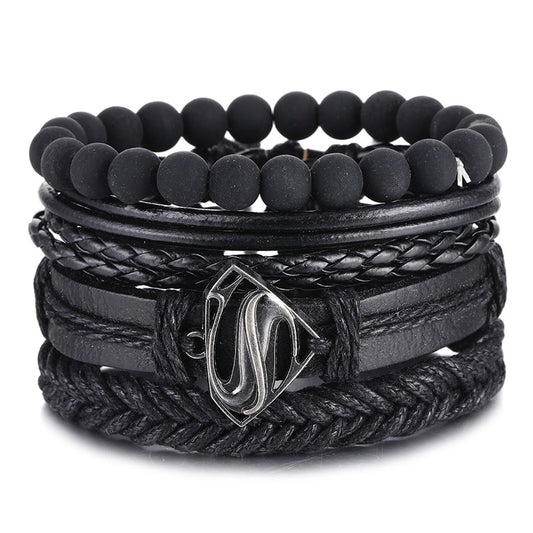 Vintage Wide Black Bead Bracelets for Men Fashion Hollow Triangle Leather